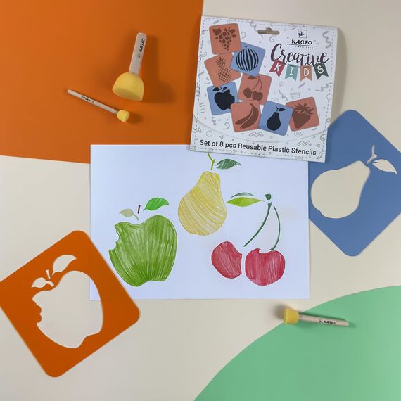 NAKLEO Schablonen Malen für Kinder, 8 Stück Set 15x15cm Früchte, Kinder Kreatives Zeichenschablonen, Kunststoff Wiederverwendbar Malschablone DIY Handwerk, Papier Wand Holz Stoff