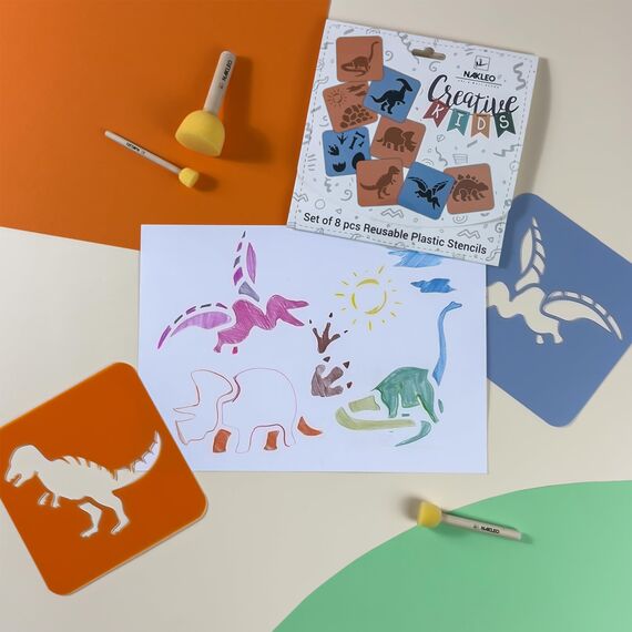 NAKLEO Schablonen Malen für Kinder, 8 Stück Set 15x15cm Dinosaurier, Kinder Kreatives Zeichenschablonen, Kunststoff Wiederverwendbar Malschablone DIY Handwerk, Papier Wand Holz Stoff