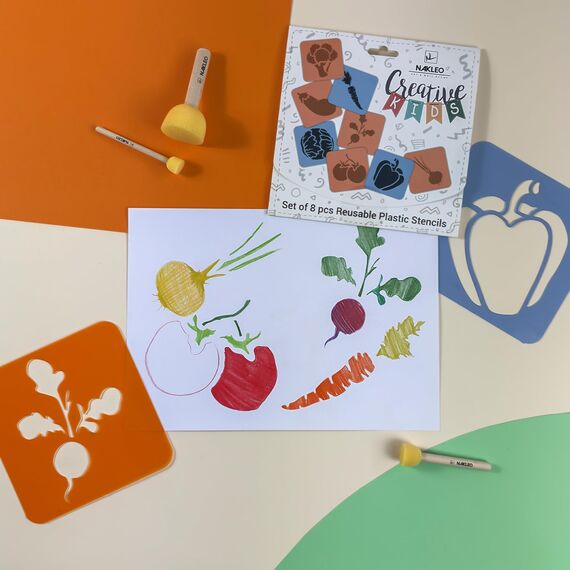 NAKLEO Schablonen Malen für Kinder, 8 Stück Set 15x15cm Gemüse, Kinder Kreatives Zeichenschablonen, Kunststoff Wiederverwendbar Malschablone DIY Handwerk, Papier Wand Holz Stoff