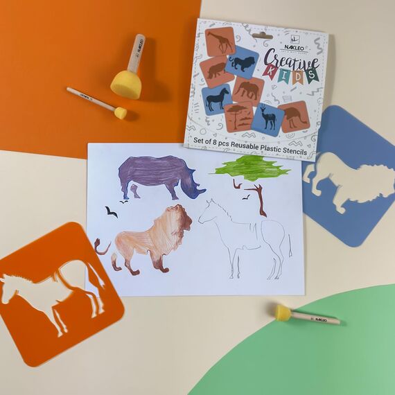 NAKLEO Schablonen Malen für Kinder, 8 Stück Set 15x15cm Savanna Tiere, Kinder Kreatives Zeichenschablonen, Kunststoff Wiederverwendbar Malschablone DIY Handwerk, Papier Wand Holz Stof