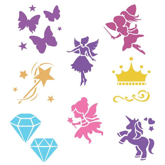 NAKLEO Schablonen Malen für Kinder, 8 Stück Set 15x15cm Feen Sagen, Kinder Kreatives Zeichenschablonen, Kunststoff Wiederverwendbar Malschablone DIY Handwerk, Papier Wand Holz Stoff