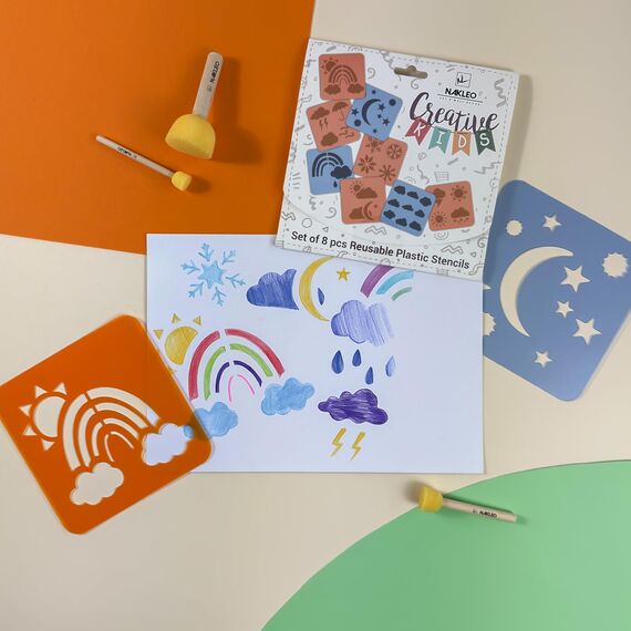 NAKLEO Schablonen Malen für Kinder, 8 Stück Set 15x15cm Wetter, Kinder Kreatives Zeichenschablonen, Kunststoff Wiederverwendbar Malschablone DIY Handwerk, Papier Wand Holz Stoff