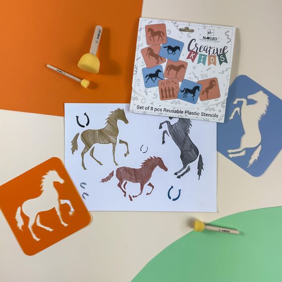 NAKLEO Schablonen Malen für Kinder, 8 Stück Set 15x15cm Pferde, Kinder Kreatives Zeichenschablonen, Kunststoff Wiederverwendbar Malschablone DIY Handwerk, Papier Wand Holz Stoff