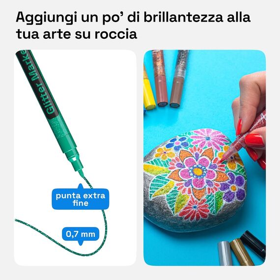 Artistro 12 Glitzer Filzstifte Zeichenset, Stifte zum Bemalen von Steinen, Felsmalerei, Keramik, Glas, Holz, Stoff, Scrapbooking, DIY Projekte, Set Acryl Glitzer Stifte mit Extra-Feiner Spitze 0,7mm