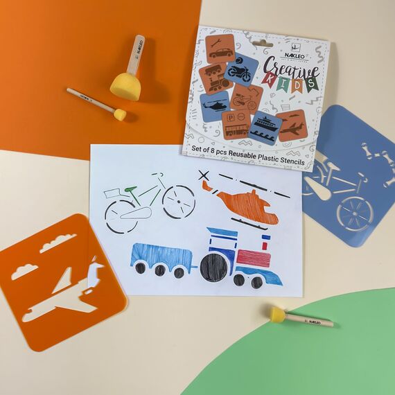 NAKLEO Schablonen Malen für Kinder, 8 Stück Set 15x15cm Transport Autos, Kinder Kreatives Zeichenschablonen, Kunststoff Wiederverwendbar Malschablone DIY Handwerk, Papier Wand Holz Stoff