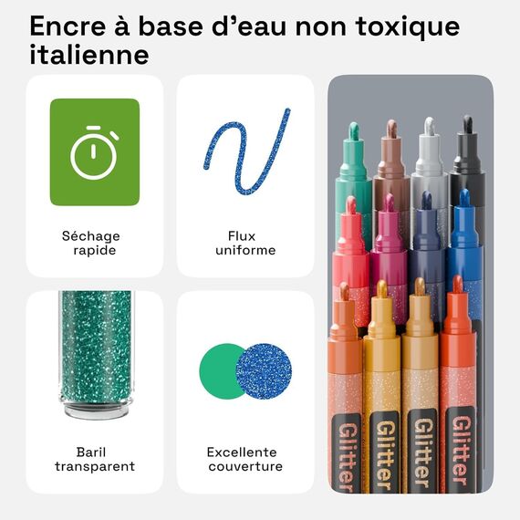 Artistro 12 Glitzer-Farbstifte, funkelnd und glänzend, zum Bemalen von Steinen, Stein, Keramik, Glas, Holz, Stoff, Scrapbooking, Basteln, Ausmalen, Acryl-Glitzermarker, mittlere Spitze 3,0 mm