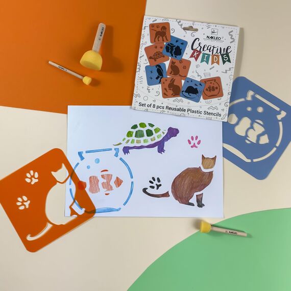 NAKLEO Schablonen Malen für Kinder, 8 Stück Set 15x15cm Haustiere, Kinder Kreatives Zeichenschablonen, Kunststoff Wiederverwendbar Malschablone DIY Handwerk, Papier Wand Holz Stoff