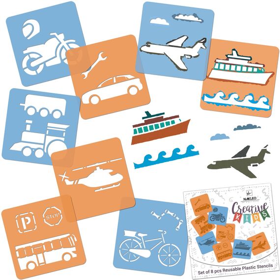 NAKLEO Schablonen Malen für Kinder, 8 Stück Set 15x15cm Transport Autos, Kinder Kreatives Zeichenschablonen, Kunststoff Wiederverwendbar Malschablone DIY Handwerk, Papier Wand Holz Stoff