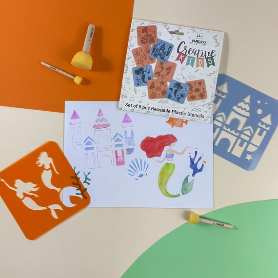 NAKLEO Schablonen Malen für Kinder, 8 Stück Set 15x15cm Meerjungfrau Mermaid, Kinder Kreatives Zeichenschablonen, Kunststoff Wiederverwendbar Malschablone DIY Handwerk, Papier Wand Holz Stoff