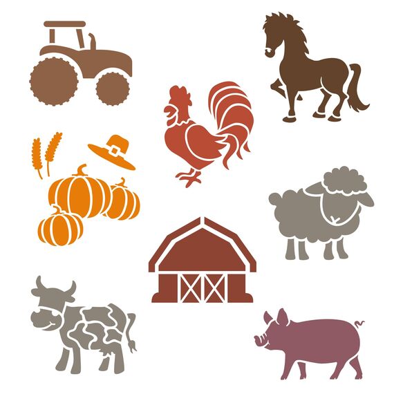 NAKLEO Schablonen Malen für Kinder, 8 Stück Set 15x15cm Bauernhof Tiere, Kinder Kreatives Zeichenschablonen, Kunststoff Wiederverwendbar Malschablone DIY Handwerk, Papier Wand Holz Stoff