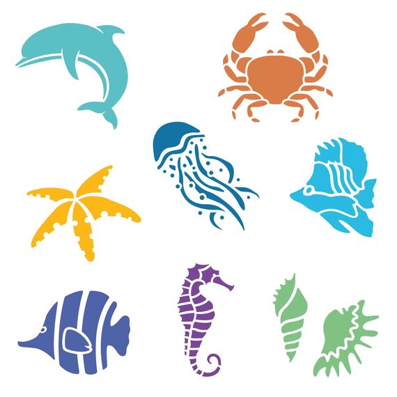 NAKLEO Schablonen Malen für Kinder, 8 Stück Set 15x15cm Meer Tiere, Kinder Kreatives Zeichenschablonen, Kunststoff Wiederverwendbar Malschablone DIY Handwerk, Papier Wand Holz Stoff