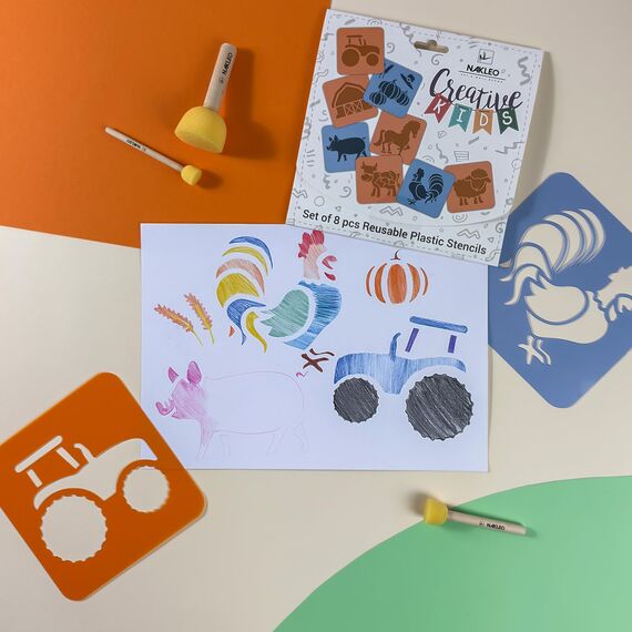 NAKLEO Schablonen Malen für Kinder, 8 Stück Set 15x15cm Bauernhof Tiere, Kinder Kreatives Zeichenschablonen, Kunststoff Wiederverwendbar Malschablone DIY Handwerk, Papier Wand Holz Stoff