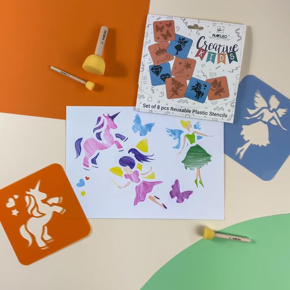 NAKLEO Schablonen Malen für Kinder, 8 Stück Set 15x15cm Feen Sagen, Kinder Kreatives Zeichenschablonen, Kunststoff Wiederverwendbar Malschablone DIY Handwerk, Papier Wand Holz Stoff