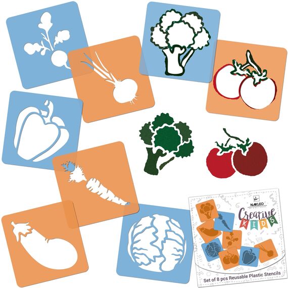 NAKLEO Schablonen Malen für Kinder, 8 Stück Set 15x15cm Gemüse, Kinder Kreatives Zeichenschablonen, Kunststoff Wiederverwendbar Malschablone DIY Handwerk, Papier Wand Holz Stoff