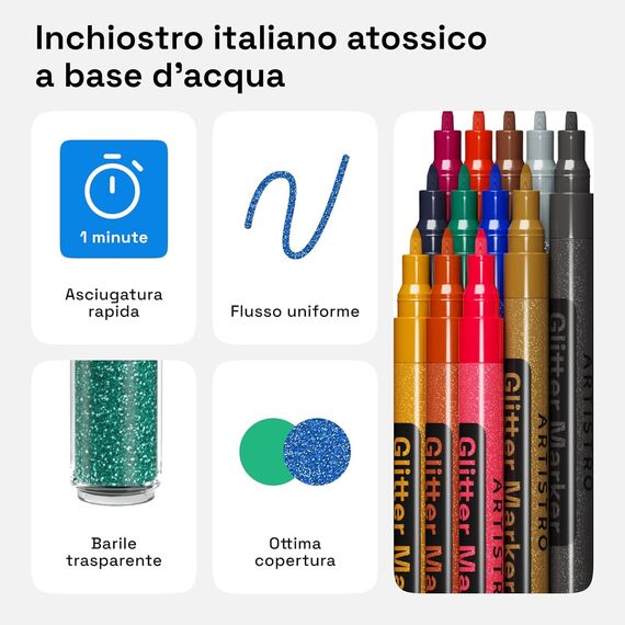 Artistro 12 Glitzer Filzstifte Zeichenset, Stifte zum Bemalen von Steinen, Felsmalerei, Keramik, Glas, Holz, Stoff, Scrapbooking, DIY Projekte, Set Acryl Glitzer Stifte mit Extra-Feiner Spitze 0,7mm