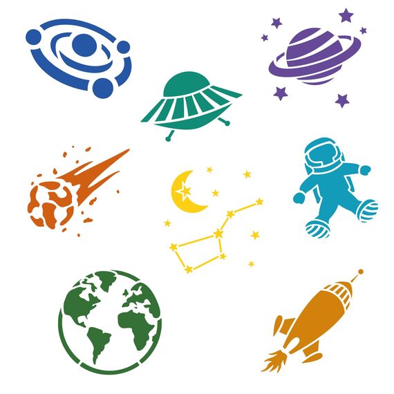 NAKLEO Schablonen Malen für Kinder, 8 Stück Set 15x15cm Kosmos Universum, Kinder Kreatives Zeichenschablonen, Kunststoff Wiederverwendbar Malschablone DIY Handwerk, Papier Wand Holz Stoff