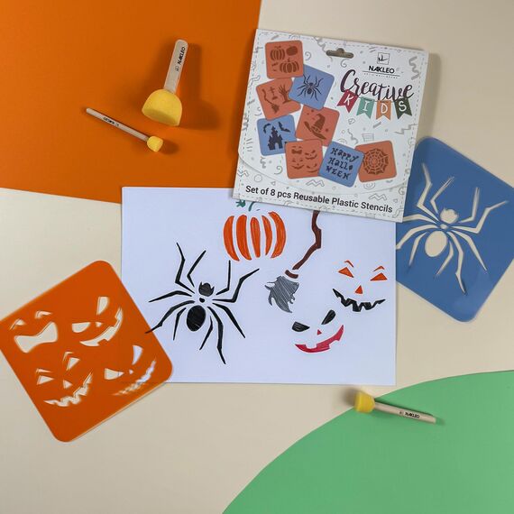 NAKLEO Schablonen Malen für Kinder, 8 Stück Set 15x15cm Halloween, Kinder Kreatives Zeichenschablonen, Kunststoff Wiederverwendbar Malschablone DIY Handwerk, Papier Wand Holz Stoff