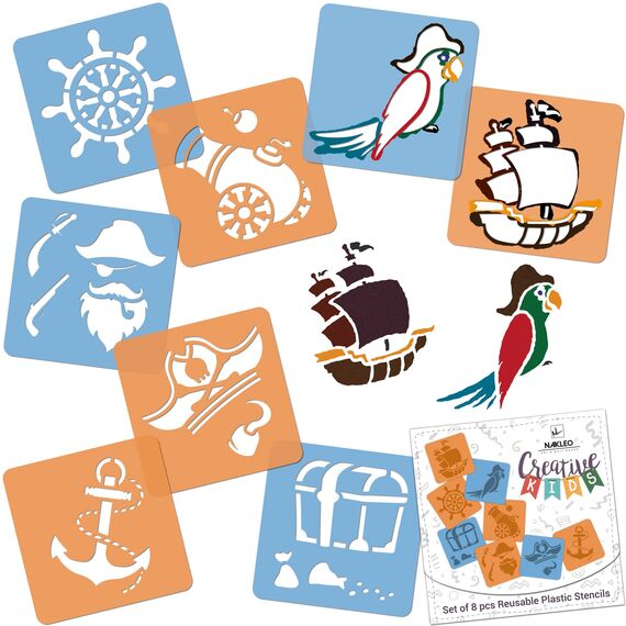 NAKLEO Schablonen Malen für Kinder, 8 Stück Set 15x15cm Piraten, Kinder Kreatives Zeichenschablonen, Kunststoff Wiederverwendbar Malschablone DIY Handwerk, Papier Wand Holz Stoff