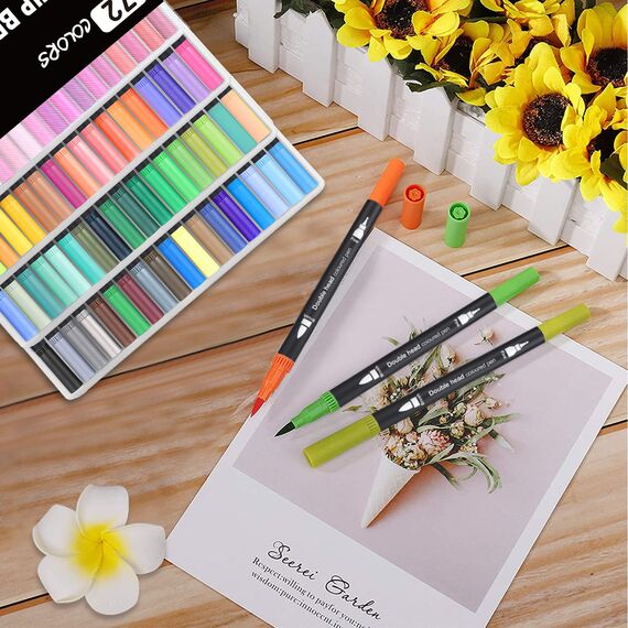 FURNIZONE Filzstifte Doppelseitig 72 Farben Dual Brush Pen Set Brush Marker Pinselstifte Journal Zubehör Stifte für Handlettering Ausmalen Erwachsene