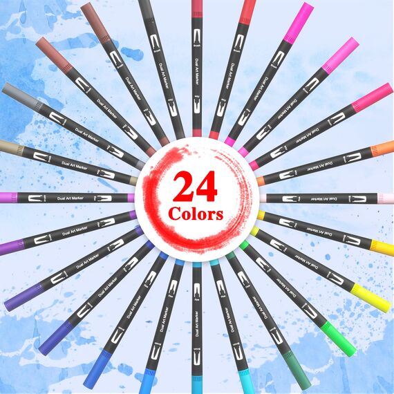 Dual Brush Pen Set - 24 Farben Aquarellstifte Filzstifte Set , Manga Stifte, Kalligraphie Stifte Kit für Aquarell Handlettering Bullet Journal, Fasermaler(1-2 mm) und Fineliner(0,4 mm)