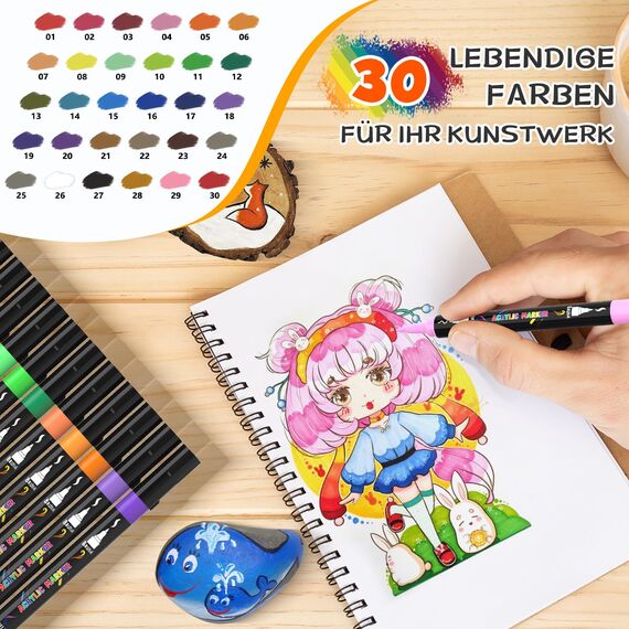 30 Farben Acrylstifte für Steine Doppelspitze Steine Bemalen Stifte Wasserfest mit Pinselspitze und feiner Spitze Permanent Marker Stifte Acrylstifte für Leinwand Glas Keramik Basteln Kunstbedarf