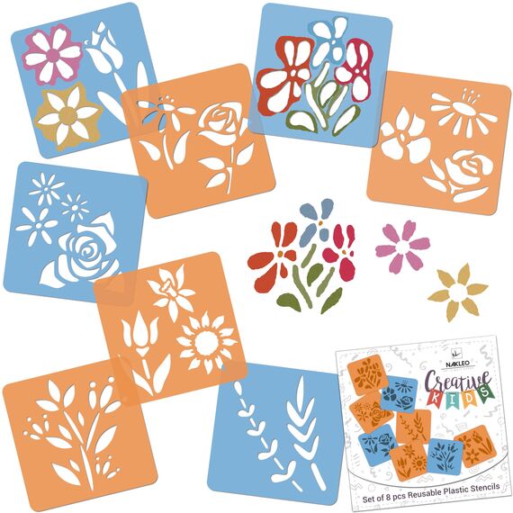 NAKLEO Schablonen Malen für Kinder, 8 Stück Set 15x15cm Blumen, Kinder Kreatives Zeichenschablonen, Kunststoff Wiederverwendbar Malschablone DIY Handwerk, Papier Wand Holz Stoff