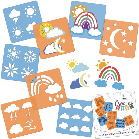 NAKLEO Schablonen Malen für Kinder, 8 Stück Set 15x15cm Wetter, Kinder Kreatives Zeichenschablonen, Kunststoff Wiederverwendbar Malschablone DIY Handwerk, Papier Wand Holz Stoff