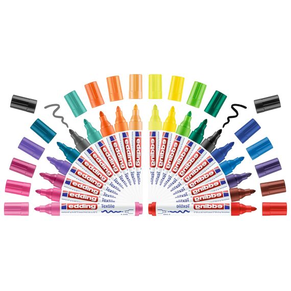 edding 4500 Textilmarker - Rundspitze 2-3 mm - Textilstifte waschmaschinenfest (60 °C) zum Stoff bemalen - Stoffmalstift (Sortiert - Komplett (20 Farben))