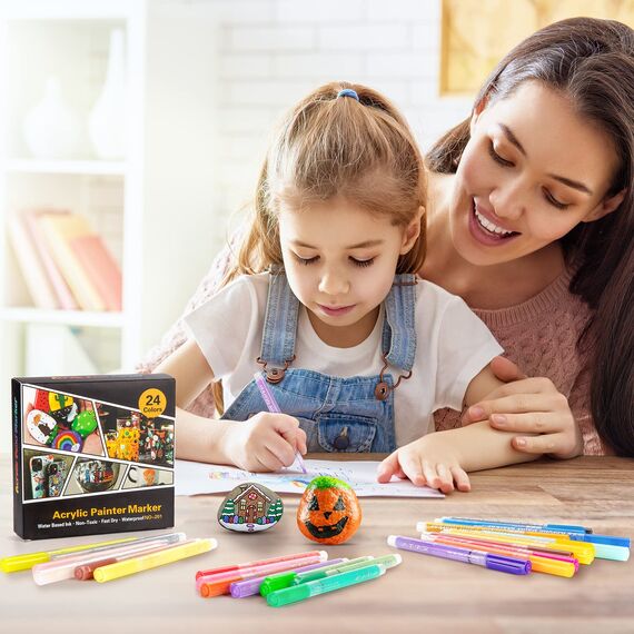 Droaful Acrylstifte für Steine Wasserfest-48 Pc Acrylstifte für Holz, Felsmalerei, Stein, Keramik, Glas,Stoff, Leinwand, Porzellan, Metall, Wasserbasis Schnell Trocknend Ungiftig und Geruchlos