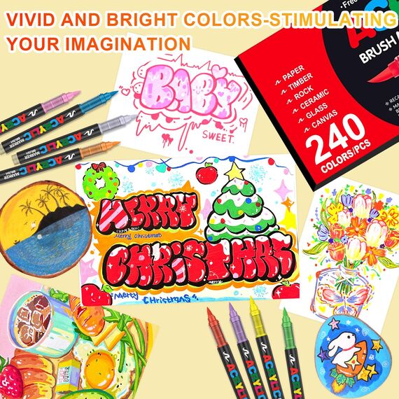 Laconile 240 Farben Acrylstifte für Steine Wasserfest, Brush Tip Acrylic Pens Set, Schnelltrocknend und Ungiftig, Ideal Acrylstifte zum Bemalen für Steinen, Glas, Leinwand, Keramik, Holz, Metall