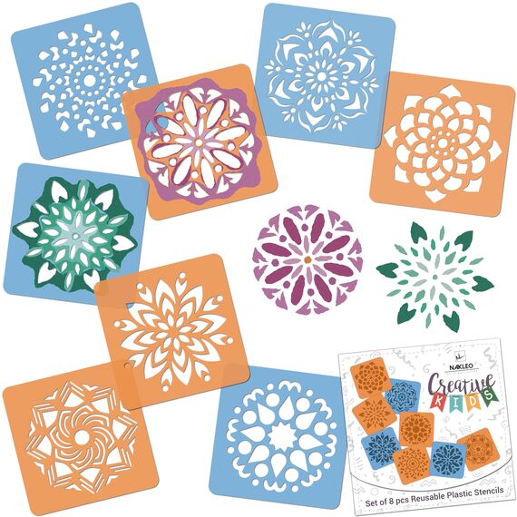 NAKLEO Schablonen Malen für Kinder, 8 Stück Set 15x15cm Mandalas Rangolis, Kinder Kreatives Zeichenschablonen, Kunststoff Wiederverwendbar Malschablone DIY Handwerk, Papier Wand Holz Stoff