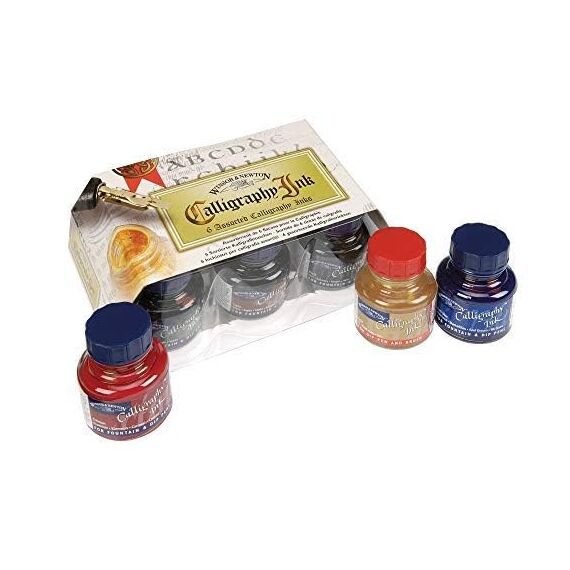 Winsor & Newton 1190192 Kalligraphie Tuschen Set 6 Farben in 30 ml Flaschen, untereinander mischbar, lichtecht, beständige Farbe