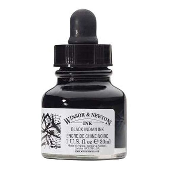 Winsor & Newton 1011030 Drawing Inks - Zeichentusche für Kalligraphen, Illustratoren, Grafikern, Künstler - wasserbeständige Farben, herrvorragender Transparenz, 30ml Flasche - Schwarz mit Pipette