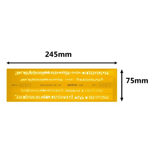 Aristo AR5305 Schriftschablone 3,0 mm und 5,0 mm Duo-Kombi gerade Mittelschrift (formstabiler PET-Kunststoff) orange-transparent