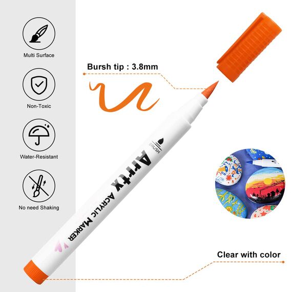 Arrtx Acrylstifte für Steine Bemalen, 30 Farben Wasserfeste Acrylstifte Marker Pinselspitze, Schnelltrocknender Acrylfarben Stifte für Osterei, Steine, Keramik, Glas, Holz, Leinwand, DIY Fotoalbum