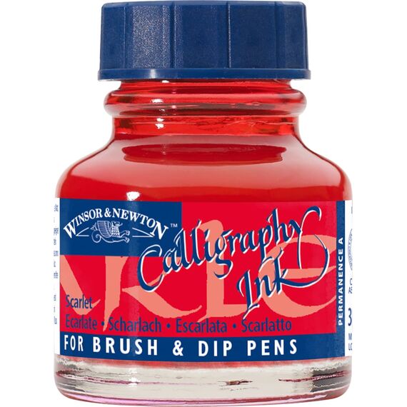 Winsor & Newton 1111601 Kalligraphie Tuschen (für Füllfederhalter oder Schreibfedern, untereinander mischbar, lichtecht, beständige Farbe) 30 ml Flasche scharlachrot