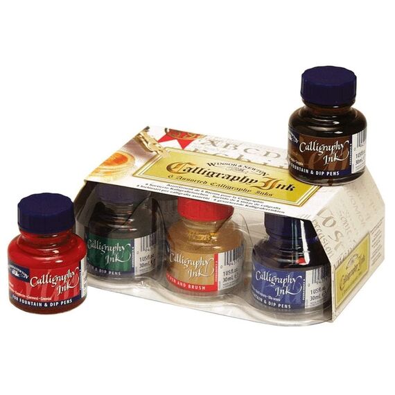 Winsor & Newton 1190192 Kalligraphie Tuschen Set 6 Farben in 30 ml Flaschen, untereinander mischbar, lichtecht, beständige Farbe