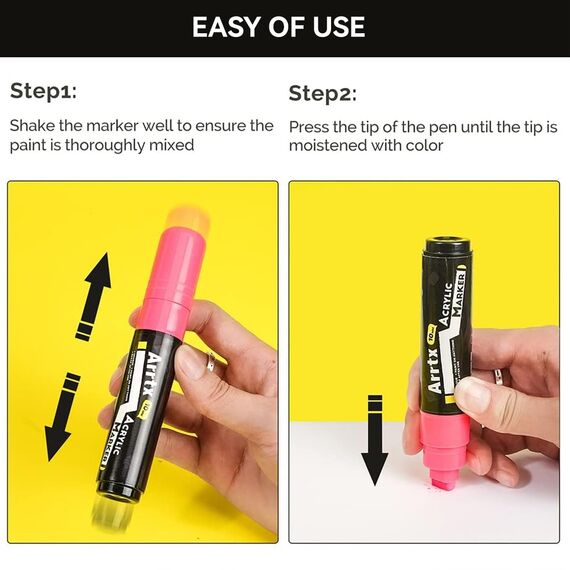 Arrtx Acrylstifte Marker 12 Stück Keil-Spitze 10mm für breite Markierungen - wasserfest, schnell-trocknend, wischfest für Karton, Kunststoff, Holz, Metall, Glas