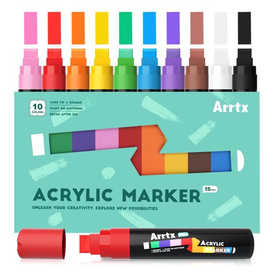 Arrtx Graffiti Acryl Marker Set, 15mm Jumbo-Filzspitze Grafitistifte, 10 Jumbo, Acryl-Farbstifte für DIY, Felsmalerei, Steine Wasserfest, Keramik, Glas, Holz, Leinwand
