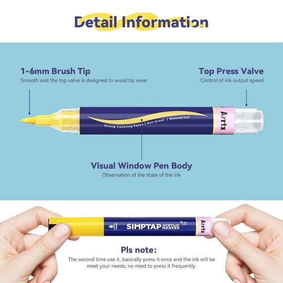 Arrtx Acrylstifte für Steine Bemalen, 24 Farben Simptap Top Valve Action Acrylmarker, Pinselspitze Acrylfarbstiften, wasserbasierte Farbmarkierungen für Steine, Glas, Holz, Metall,Ostereier