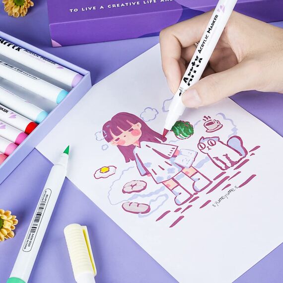 Arrtx Acrylstifte für Steine Bemalen, 30 Farben Acrylstifte Marker Pinsel Spitze, Permanent Filzstifte für Steine malerei, Keramik, Glas, Holz, Metall, Leinwand, DIY Fotoalbum