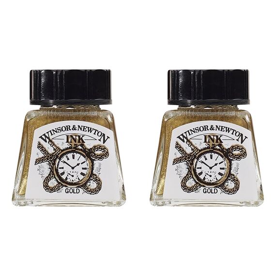 Winsor & Newton 1005283 Drawing Inks - Zeichentusche für Kalligraphen, Illustratoren, Grafikern, Künstler - wasserbeständige Farben, herrvorragender Transparenz, 14ml Flasche - Gold (Packung mit 2)