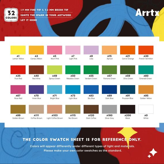 Arrtx Acrylstifte für Steine Bemalen, 32 Farben Marker Dual-Tip-Pinsel und feine Spitze, Permanent Acrylmarker für malerei, Keramik, Glas, Holz, Metall, Leinwand, DIY Fotoalbum
