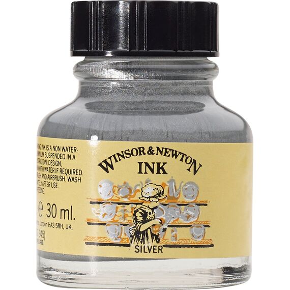 Winsor & Newton 1010617 Drawing Inks - Zeichentusche für Kalligraphen, Illustratoren, Grafikern, Künstler - wasserbeständige Farben, herrvorragender Transparenz, 30ml Flasche - Silber