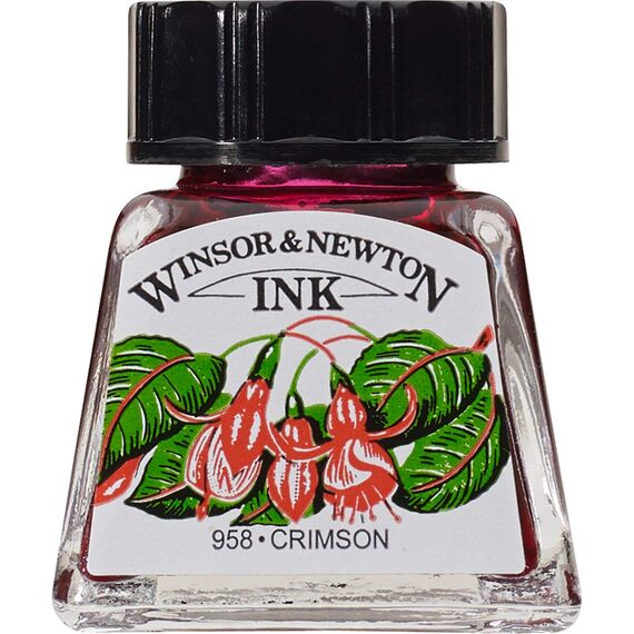 Winsor & Newton 1005203 Drawing Inks - Zeichentusche für Kalligraphen, Illustratoren, Grafikern, Künstler - wasserbeständige Farben, herrvorragender Transparenz, 14ml Flasche - Karmesin