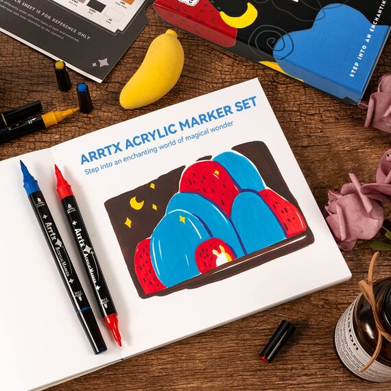 Arrtx Acrylstifte für Steine Bemalen, 32 Farben Marker Dual-Tip-Pinsel und feine Spitze, Permanent Acrylmarker für malerei, Keramik, Glas, Holz, Metall, Leinwand, DIY Fotoalbum