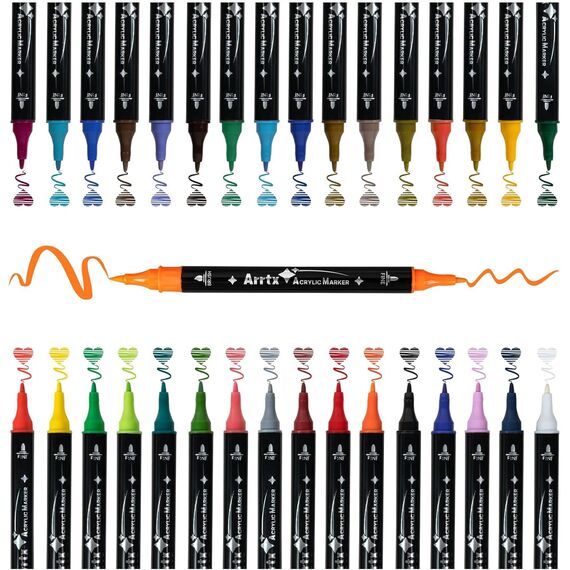 Arrtx Acrylstifte für Steine Bemalen, 32 Farben Marker Dual-Tip-Pinsel und feine Spitze, Permanent Acrylmarker für malerei, Keramik, Glas, Holz, Metall, Leinwand, DIY Fotoalbum