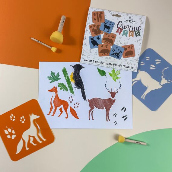 NAKLEO Schablonen Malen für Kinder, 8 Stück Set 15x15cm Waldtiere, Kinder Kreatives Zeichenschablonen, Kunststoff Wiederverwendbar Malschablone DIY Handwerk, Papier Wand Holz Stoff