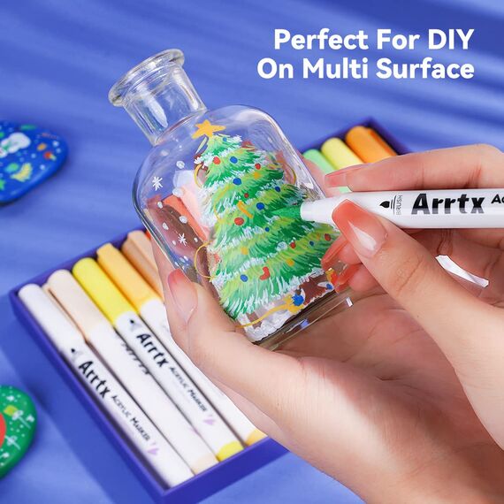 Arrtx Acrylstifte für Steine Bemalen, 30 Farben Wasserfeste Acrylstifte Marker Pinselspitze, Schnelltrocknender Acrylfarben Stifte für Osterei, Steine, Keramik, Glas, Holz, Leinwand, DIY Fotoalbum