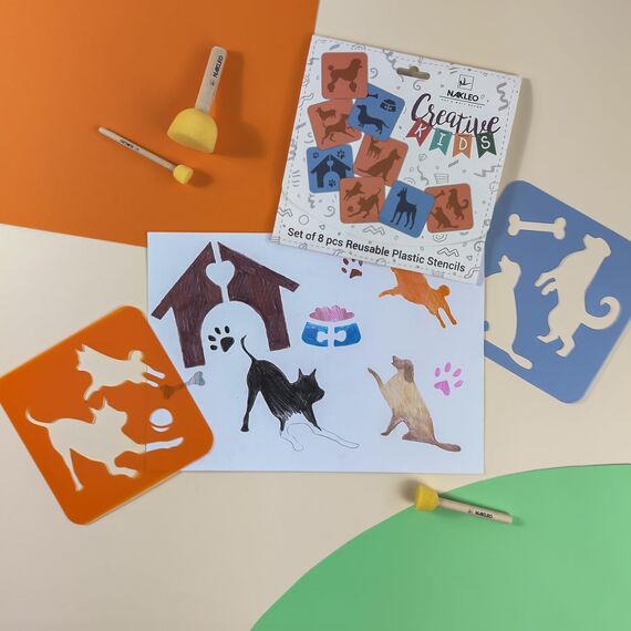 NAKLEO Schablonen Malen für Kinder, 8 Stück Set 15x15cm Hunde, Kinder Kreatives Zeichenschablonen, Kunststoff Wiederverwendbar Malschablone DIY Handwerk, Papier Wand Holz Stoff